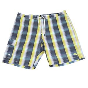 Tommy Bahama Relaxed Men Size XL Yellow Plaid Lined Polyester Swim Trunks Shorts